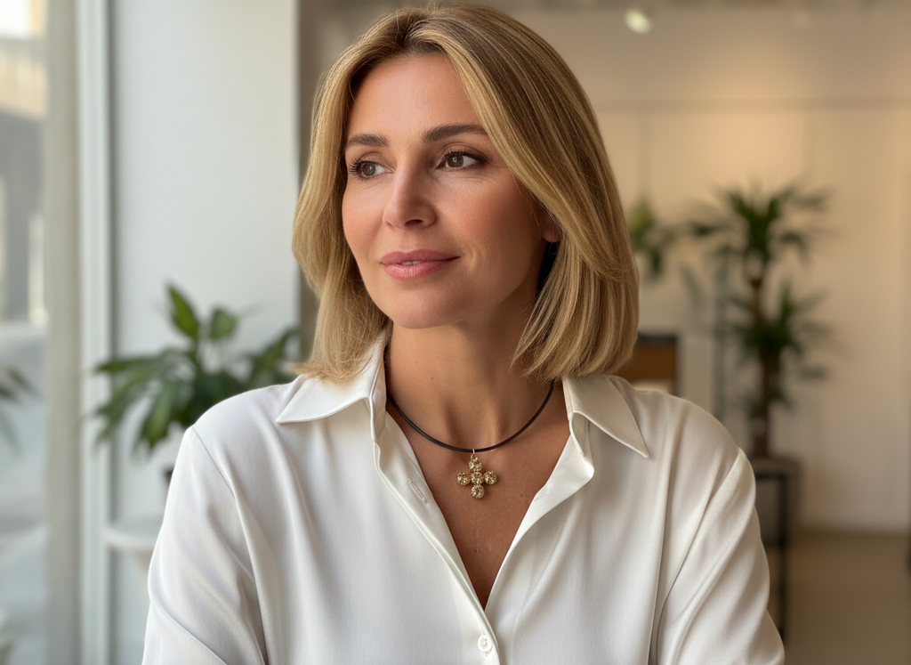 Choker de cuero negro con cruz champagne de Pisa Morena Alta bisutería artesanal, con camisa blanca.
