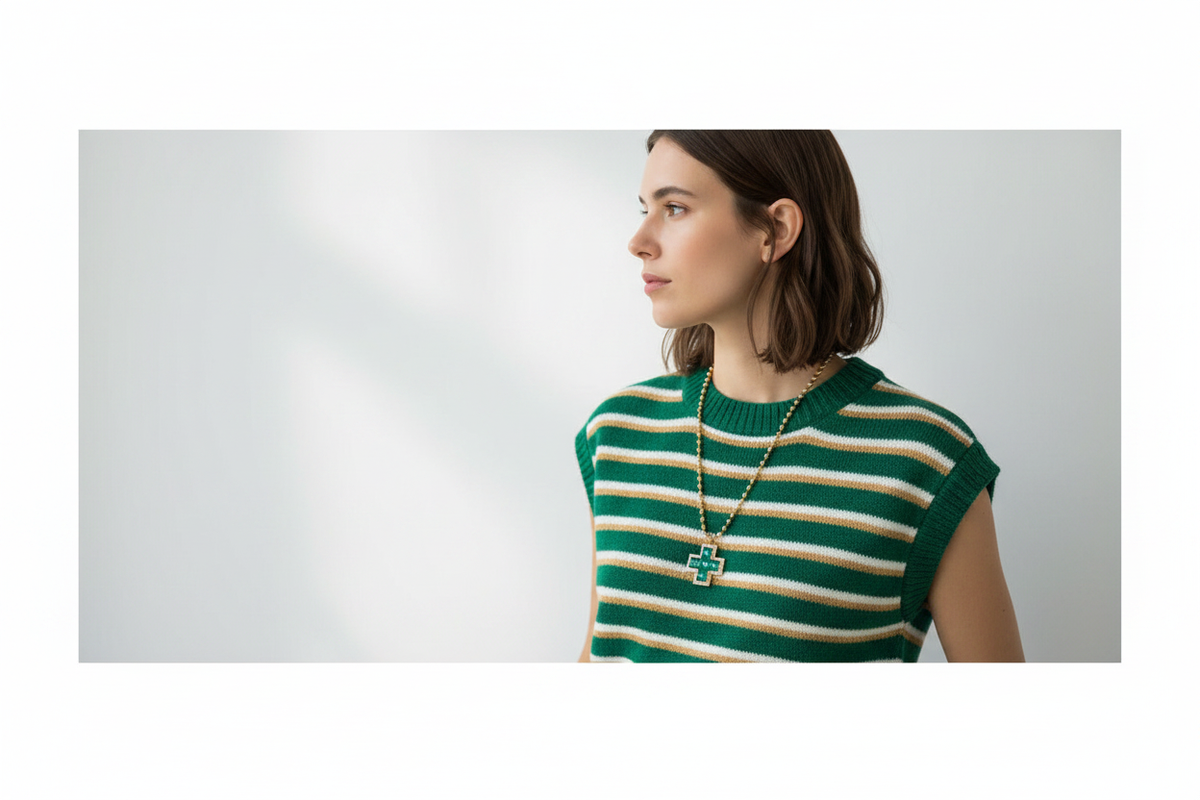 Banner collar cruz verde con jersey de rayas
