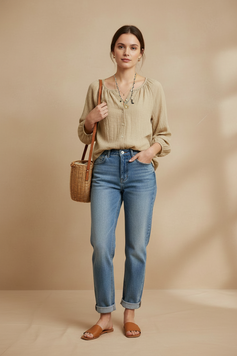 Camisa caqui con tejanos y collar charms