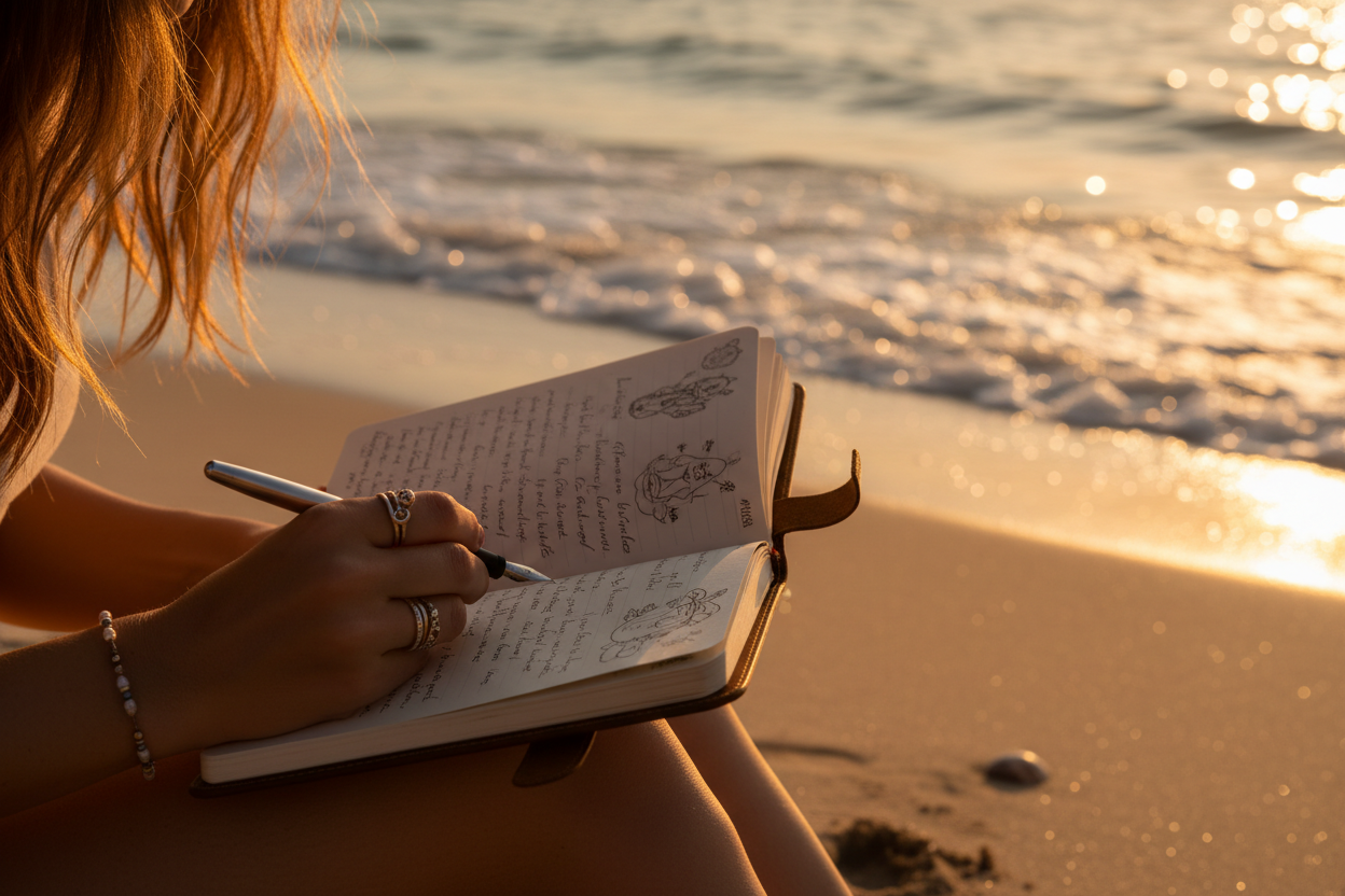 Chica escribiendo en diario en la playa