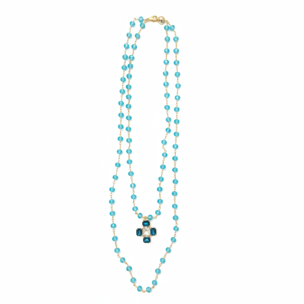 Collar Cristales Turquesa con Cruz Flat Lay