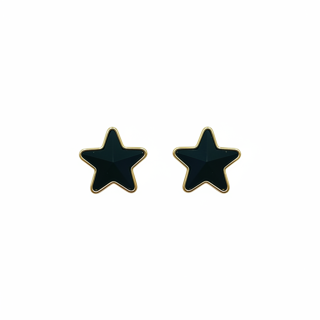Pendientes de estrella negros brillantes sobre fondo blanco puro