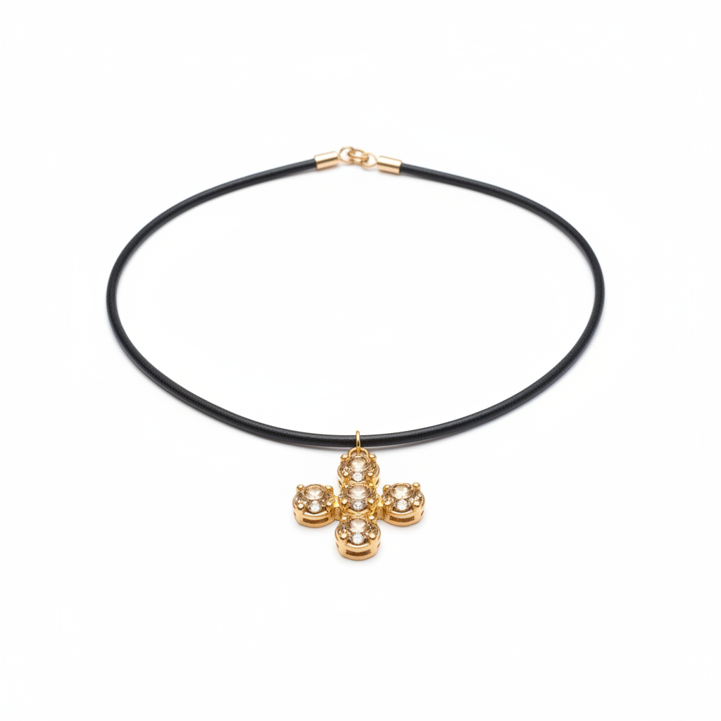 Choker de cuero con cruz champagne
