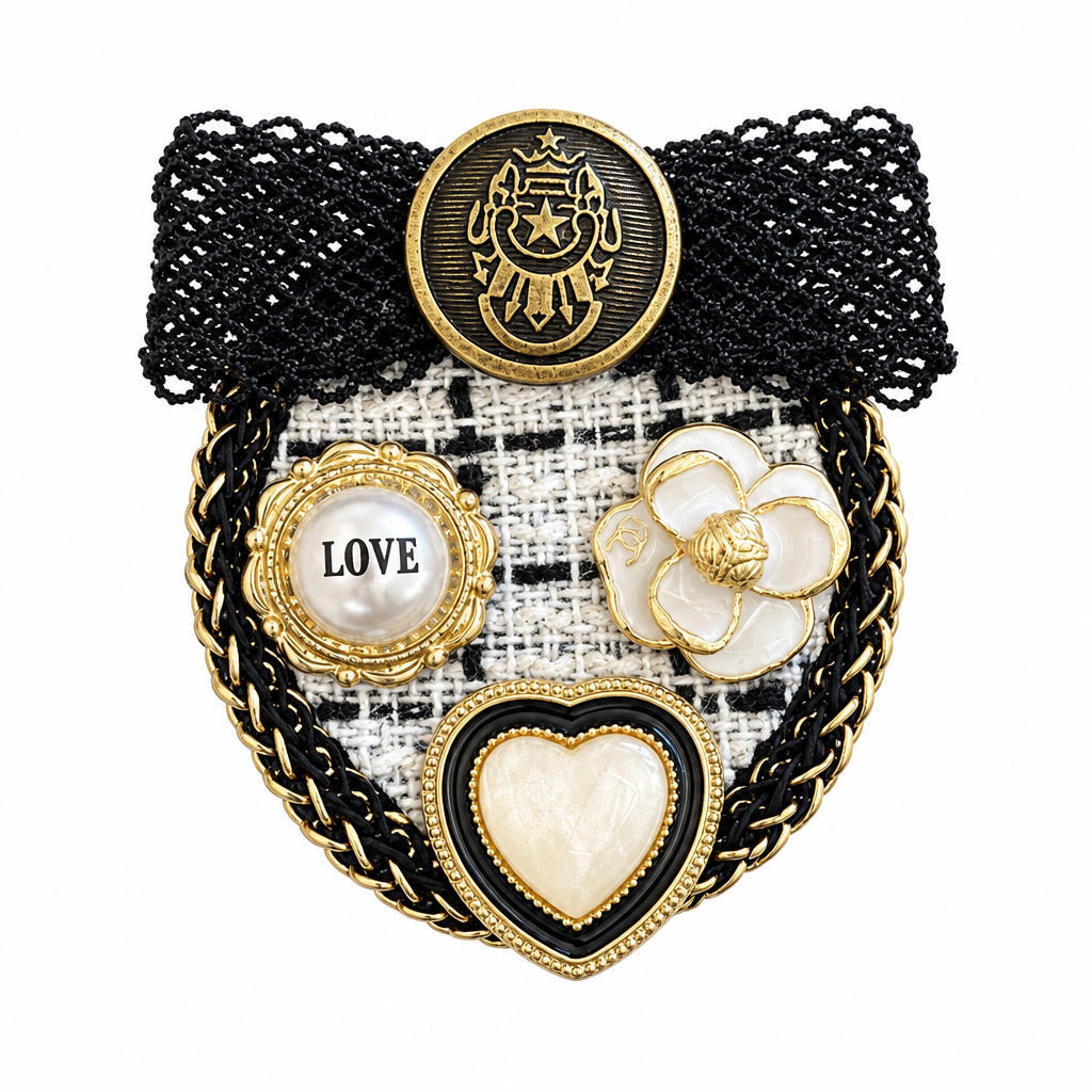 Broche de tweed en blanco y negro con encaje, medallón dorado, camelia, perla LOVE y corazón
