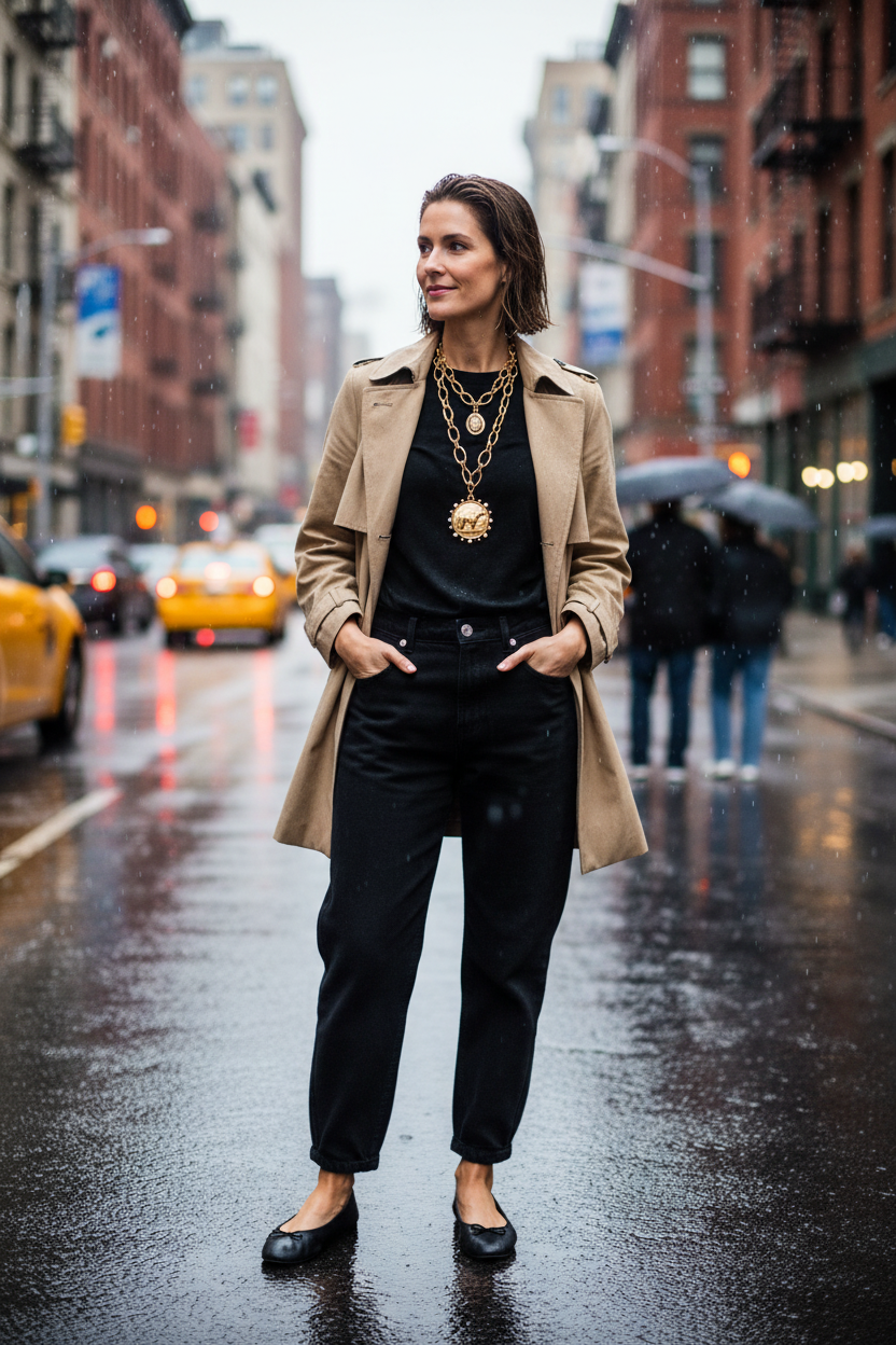 Look de lluvia con collar medallones