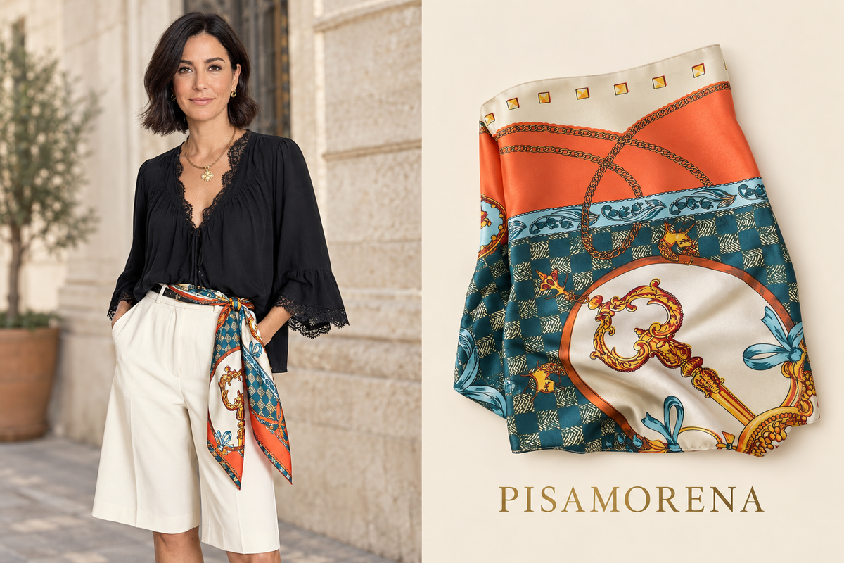 Modelo blusa negra con foulard llave