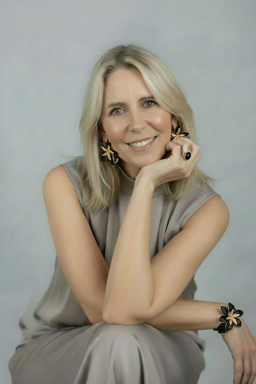 Modelo con anillo de ónice y brazalete flor